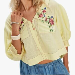 Yellow Blouse with Floral Embroidery